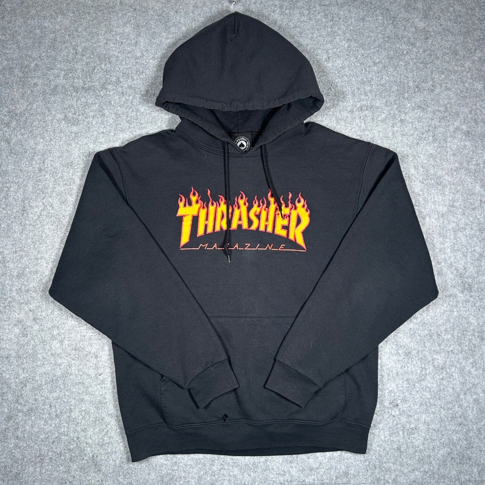 Thrasher pullover Hoodie Mens Medium Black Flame Logo Skateboarding Streetwear